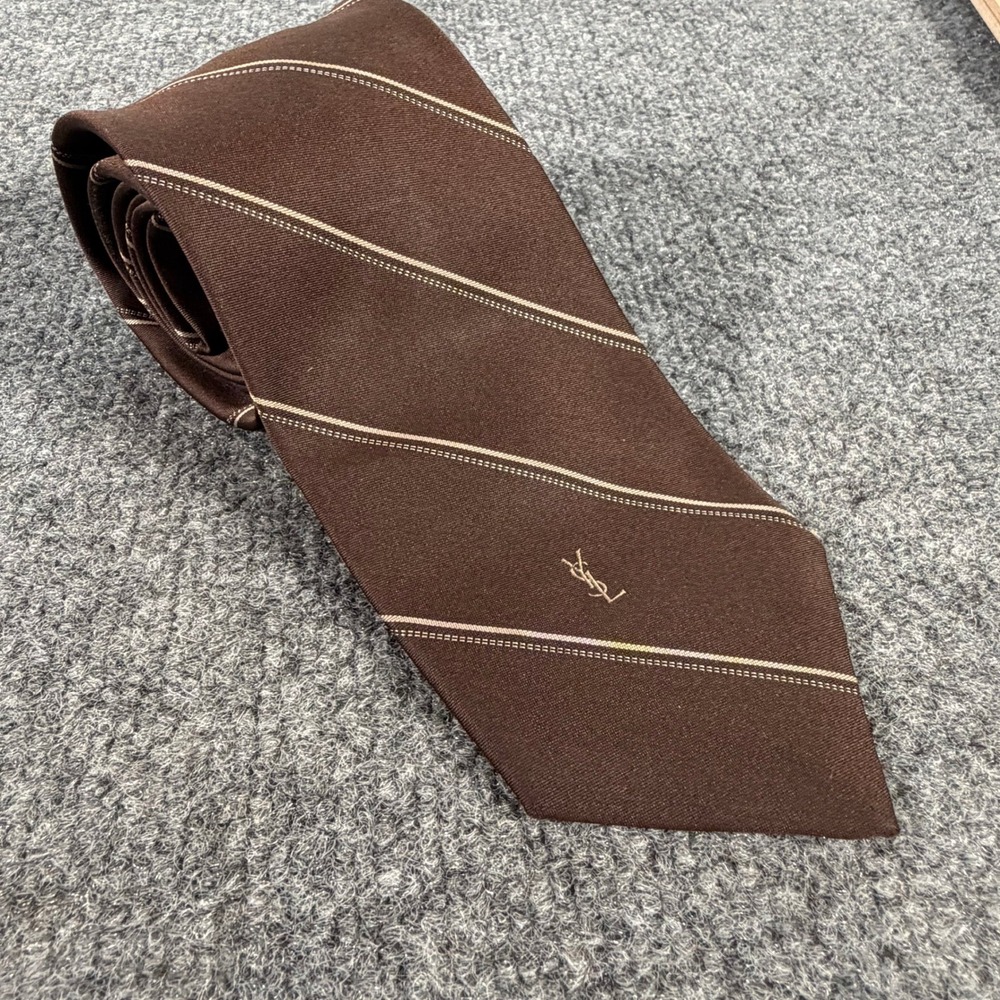 Yves Saint Laurent Mens Silk Tie Brown Striped Vintage YSL Logo Necktie #4484